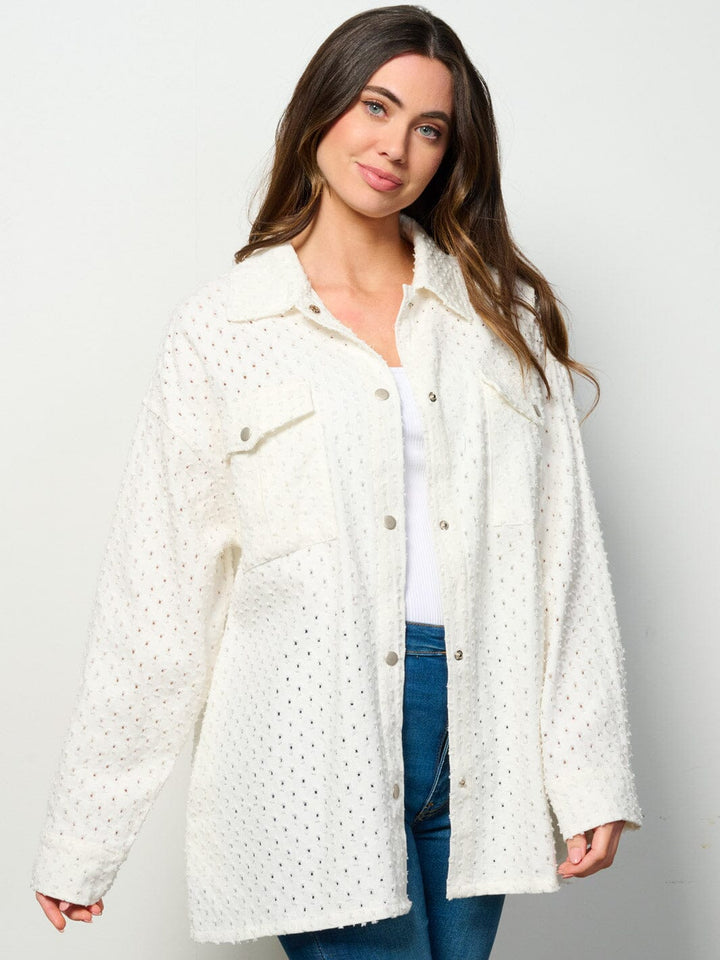 WOMEN'S LONG SLEEVE BUTTON UP POCKETS EYELET DENIM OVERSIZED TOP