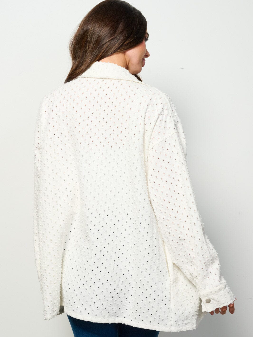 WOMEN'S LONG SLEEVE BUTTON UP POCKETS EYELET DENIM OVERSIZED TOP