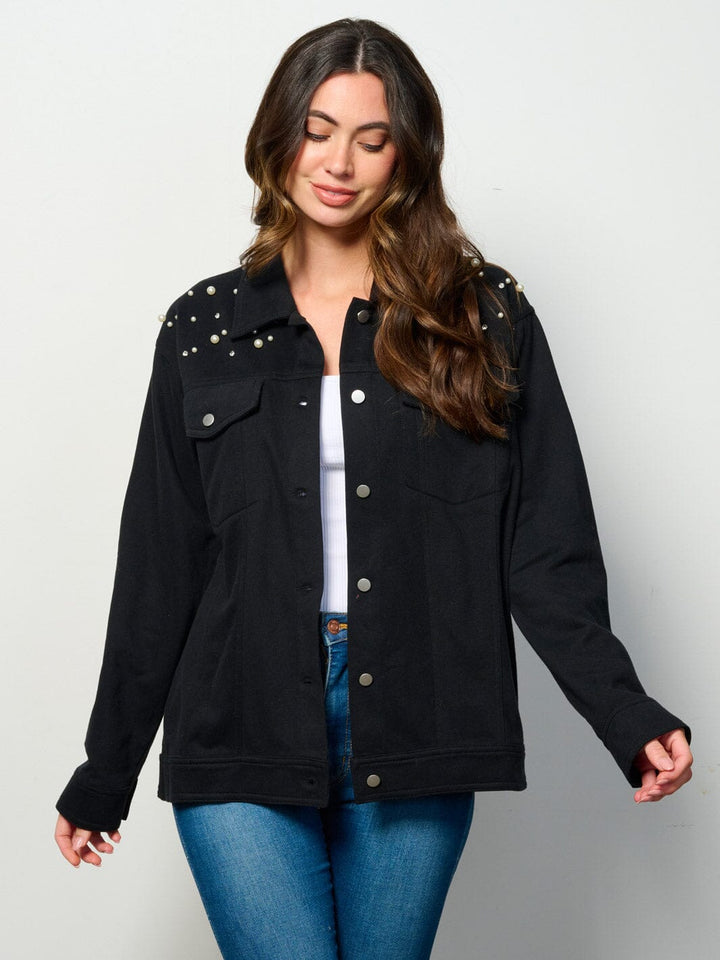 WOMEN'S LONG SLEEVE BUTTON UP POCKETS STUDS DETAILED TOP