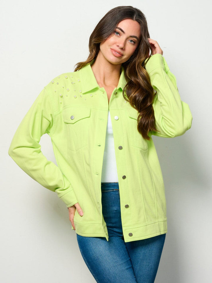 WOMEN'S LONG SLEEVE BUTTON UP POCKETS STUDS DETAILED TOP