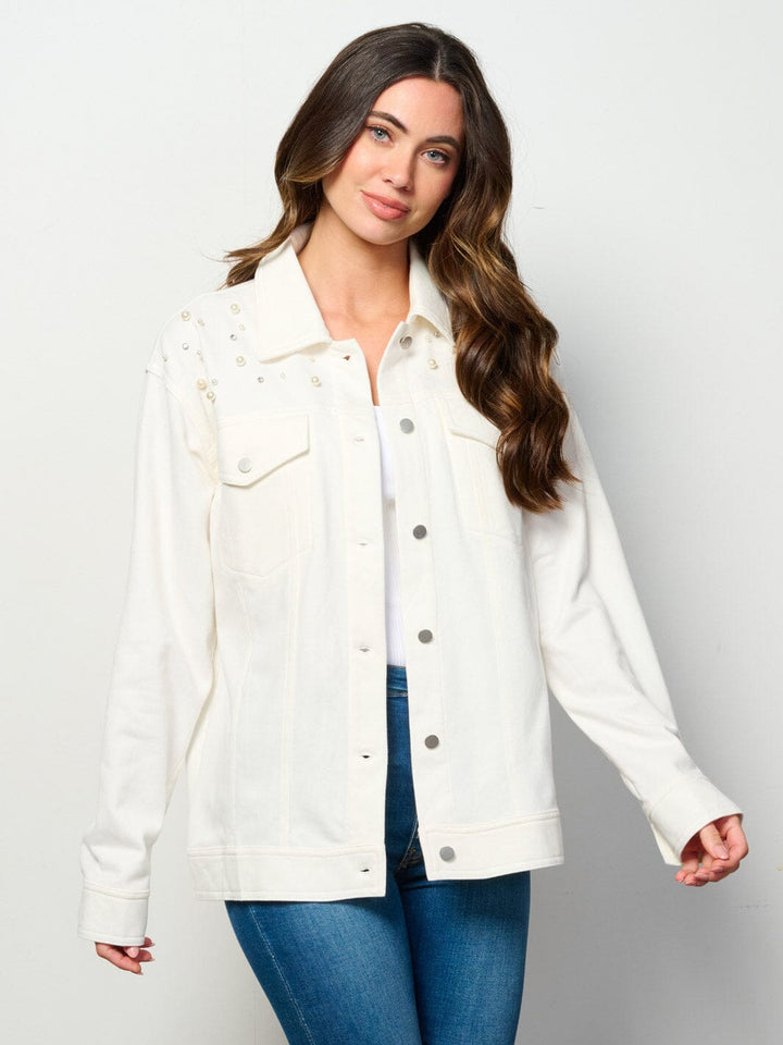 WOMEN'S LONG SLEEVE BUTTON UP POCKETS STUDS DETAILED TOP