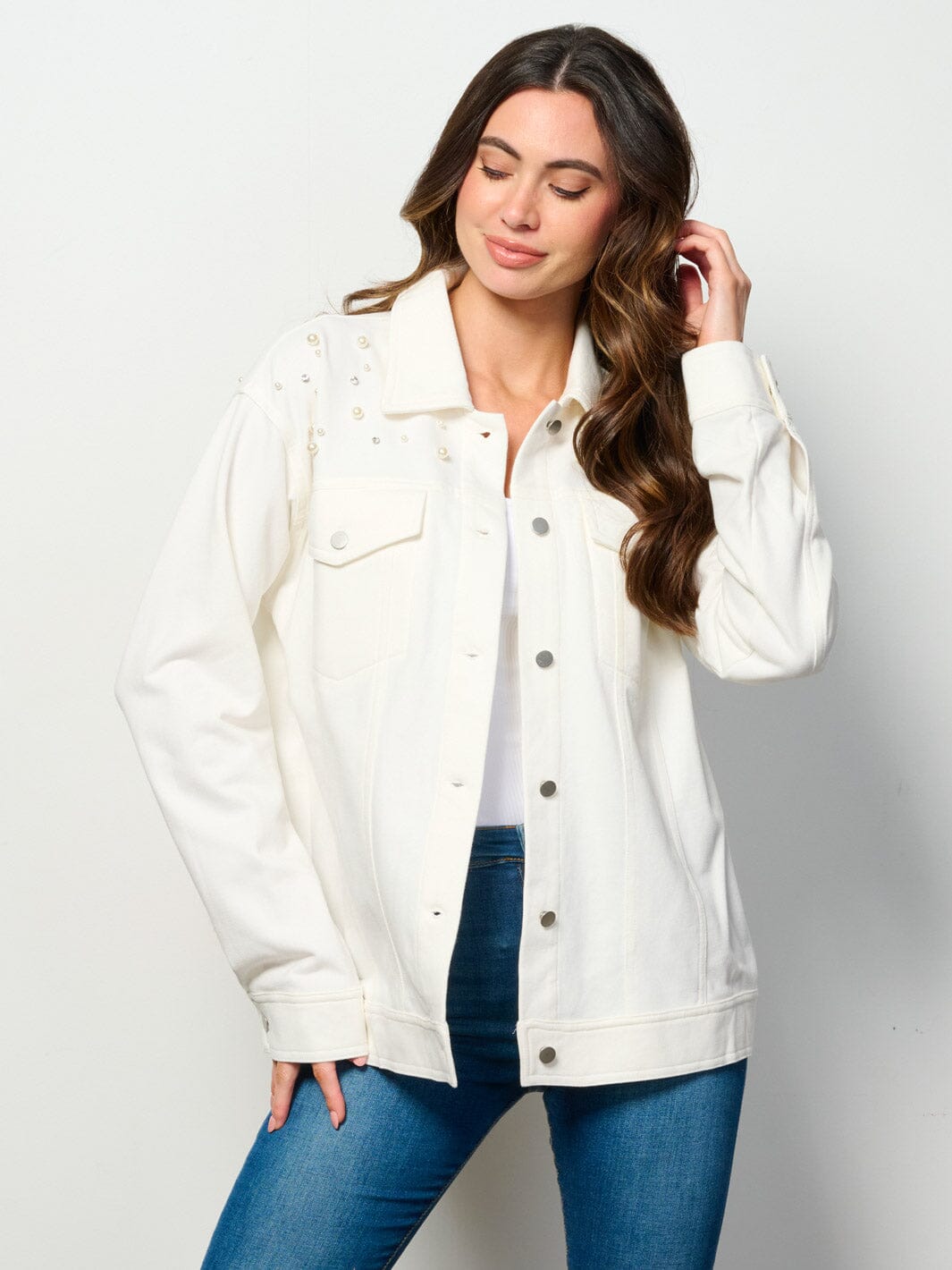 WOMEN'S LONG SLEEVE BUTTON UP POCKETS STUDS DETAILED TOP