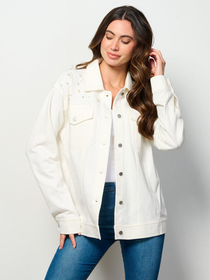 WOMEN'S LONG SLEEVE BUTTON UP POCKETS STUDS DETAILED TOP