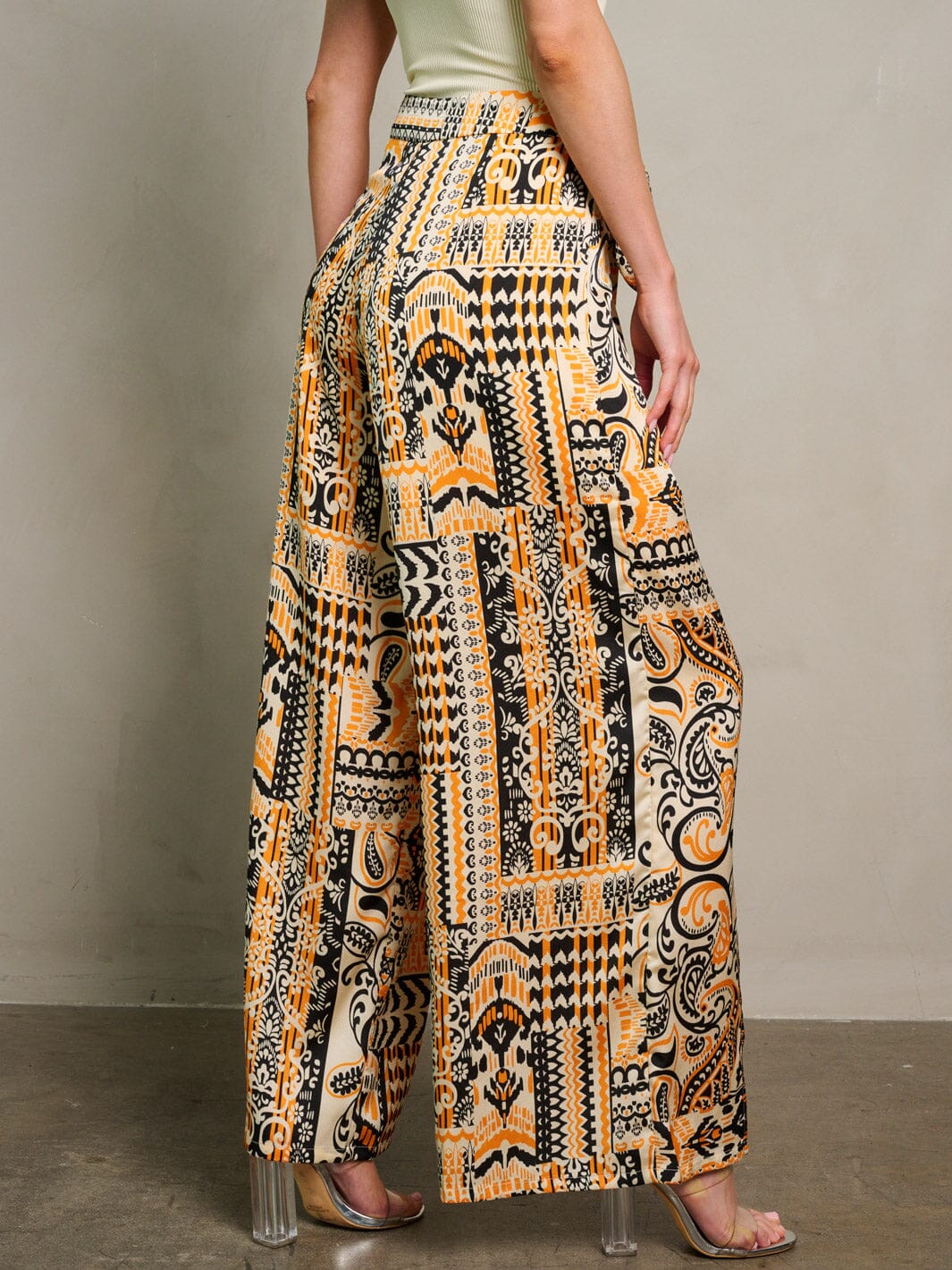 WOMEN'S ZIP UP SELF TIE PALAZZO MULTI PRINT PANTS