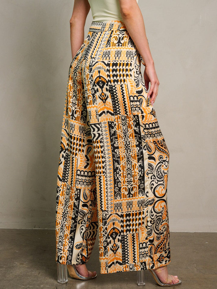 WOMEN'S ZIP UP SELF TIE PALAZZO MULTI PRINT PANTS