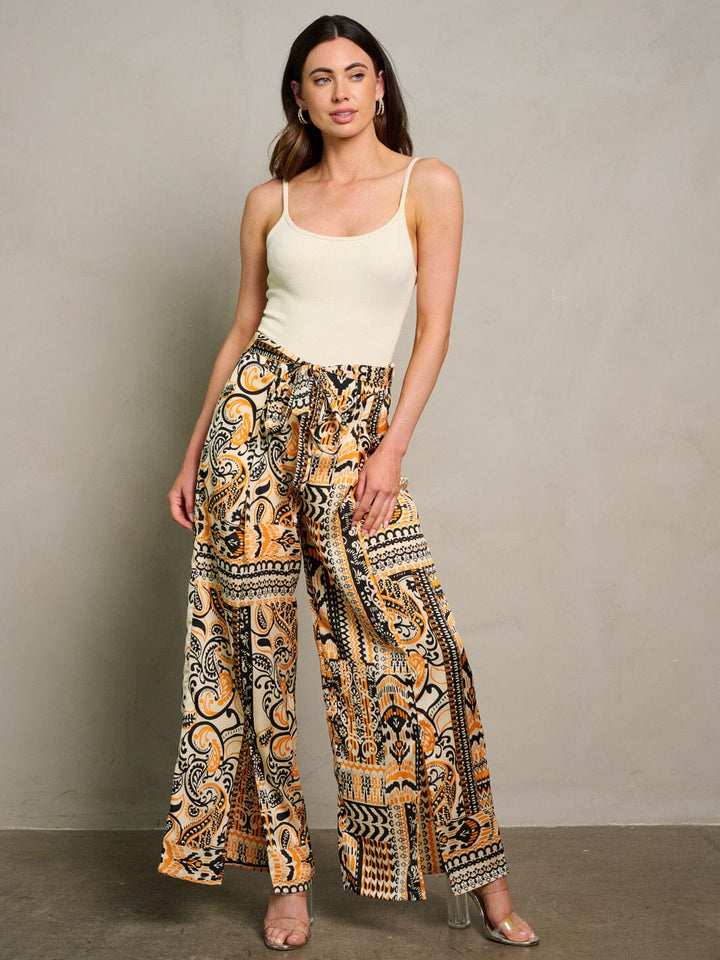WOMEN'S ZIP UP SELF TIE PALAZZO MULTI PRINT PANTS