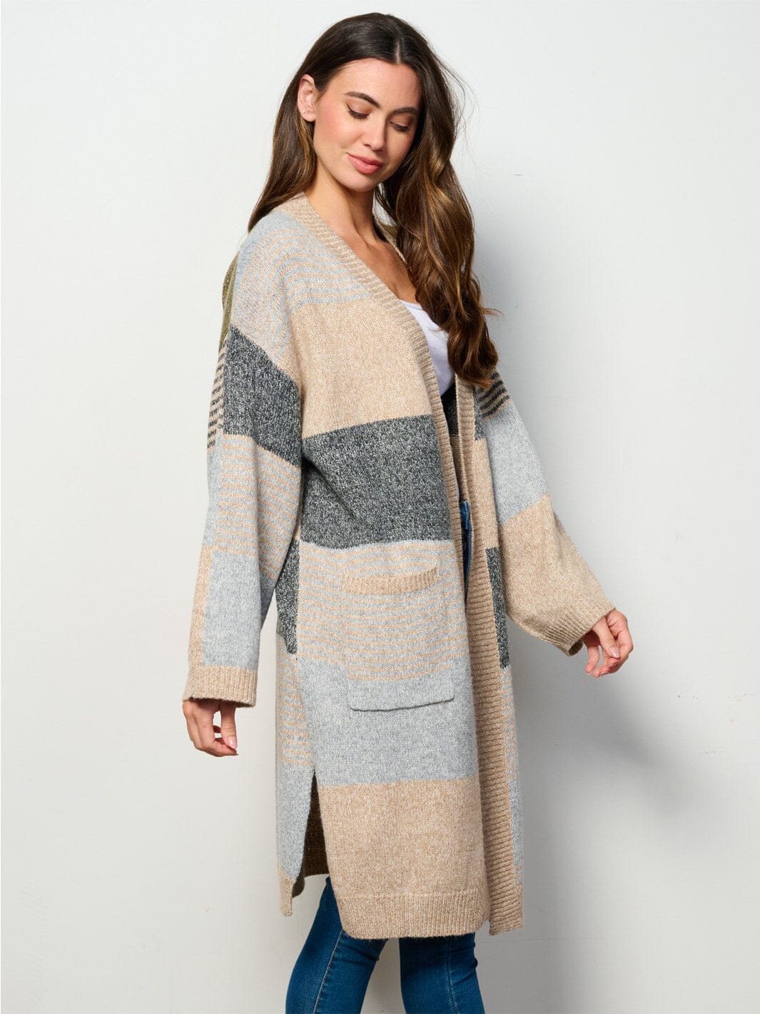 WOMEN'S LONG SLEEVE OPEN FRONT POCKETS COLORBLOCK CARDIGAN