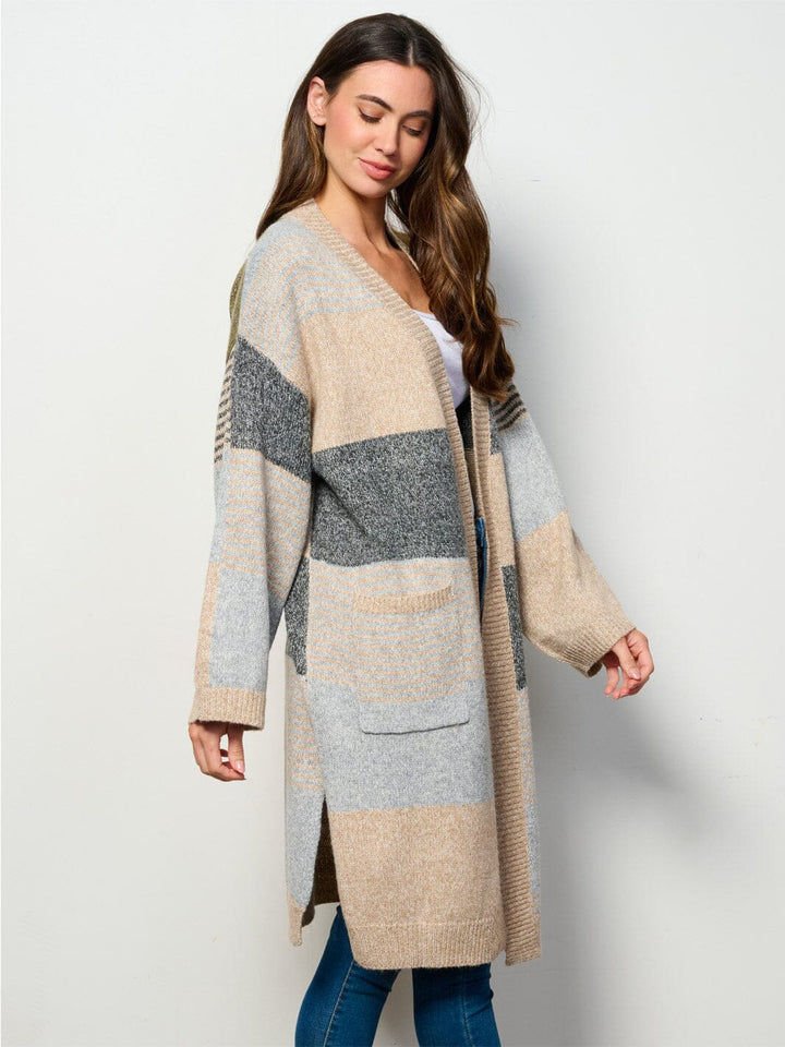 WOMEN'S LONG SLEEVE OPEN FRONT POCKETS COLORBLOCK CARDIGAN