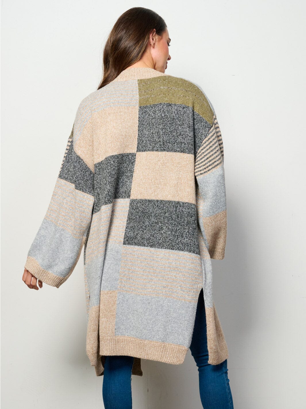WOMEN'S LONG SLEEVE OPEN FRONT POCKETS COLORBLOCK CARDIGAN