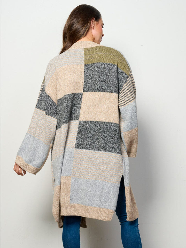 WOMEN'S LONG SLEEVE OPEN FRONT POCKETS COLORBLOCK CARDIGAN