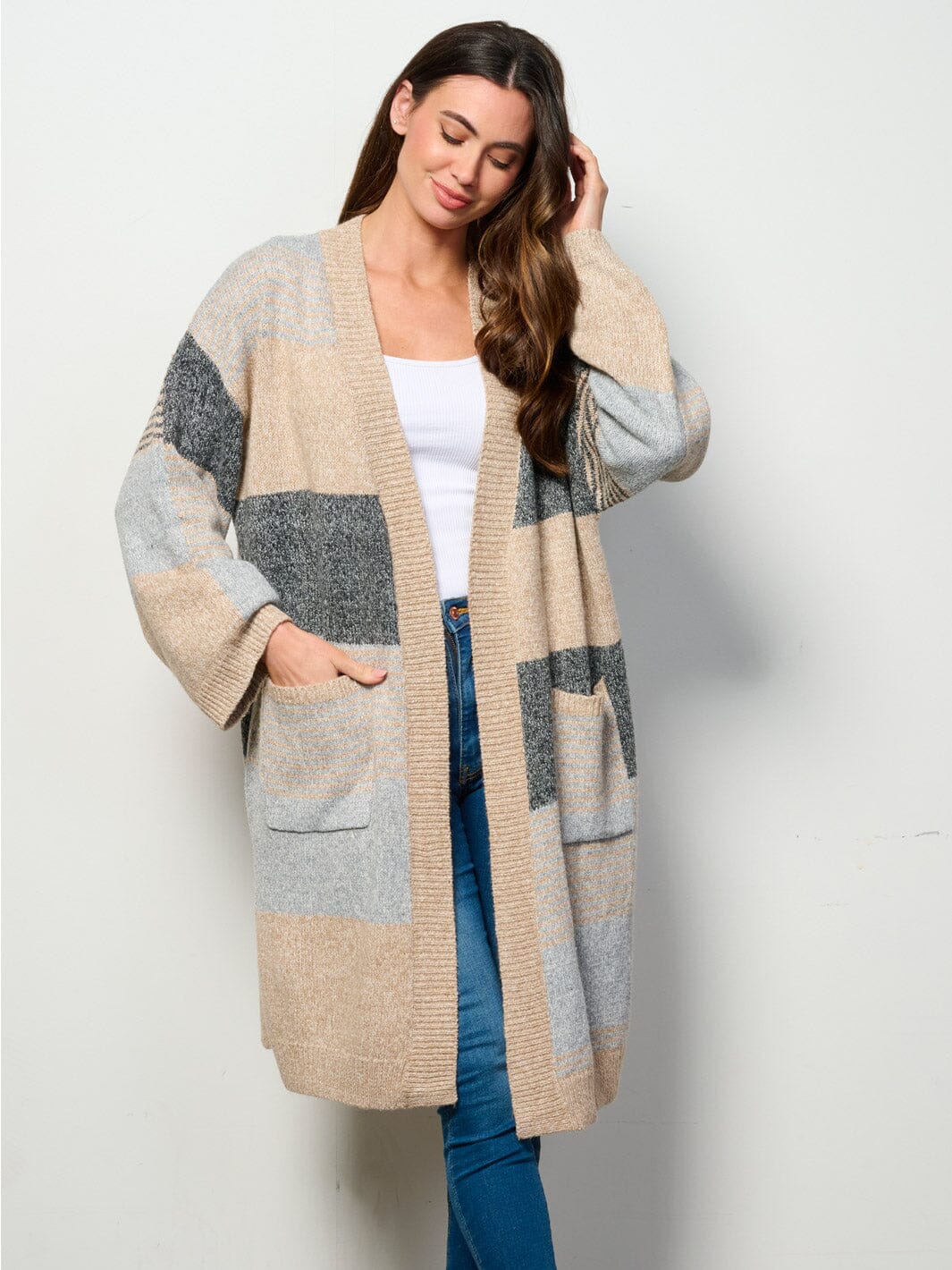 WOMEN'S LONG SLEEVE OPEN FRONT POCKETS COLORBLOCK CARDIGAN