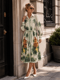 WOMEN'S LONG SLEEVE SELF TIE BUTTON UP MULTI PRINT MIDI DRESS