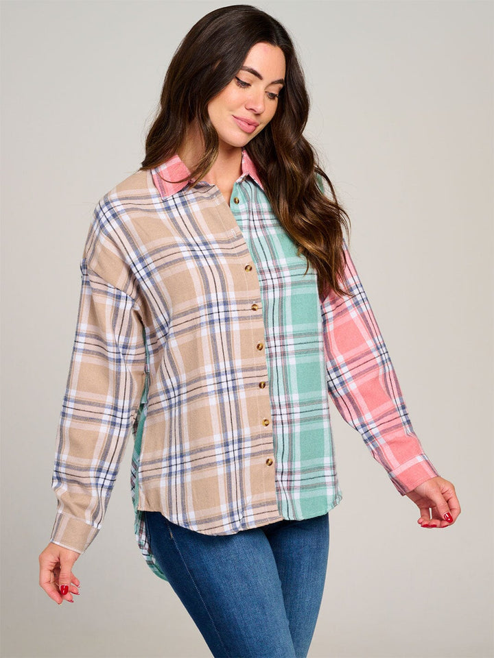 WOMEN'S LONG SLEEVE HIGH-LOW BUTTON UP COLORBLOCK PLAID SHIRT
