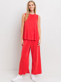 WOMEN'S ELASTIC WAIST FRONT POCKETS WIDE LEG PANTS