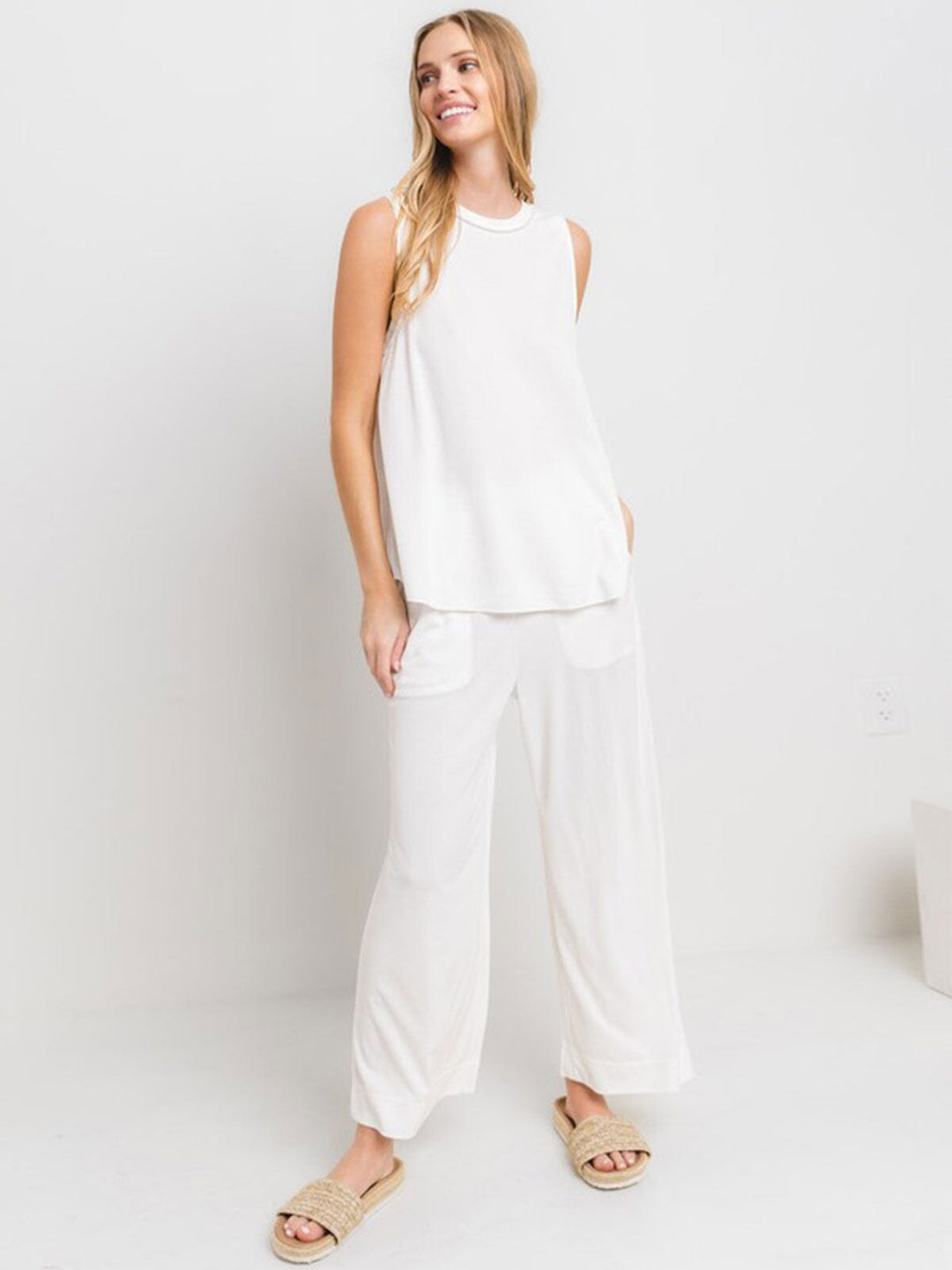 WOMEN'S ELASTIC WAIST FRONT POCKETS WIDE LEG PANTS