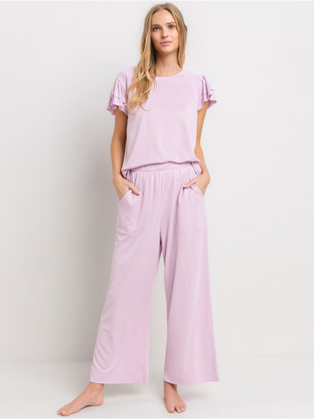 WOMEN'S ELASTIC WAIST FRONT POCKETS WIDE LEG PANTS