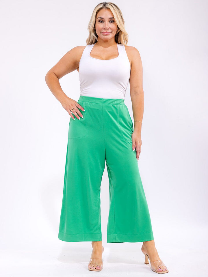 PLUS SIZE ELASTIC WAIST FRONT POCKETS WIDE LEG CAPRI PANTS