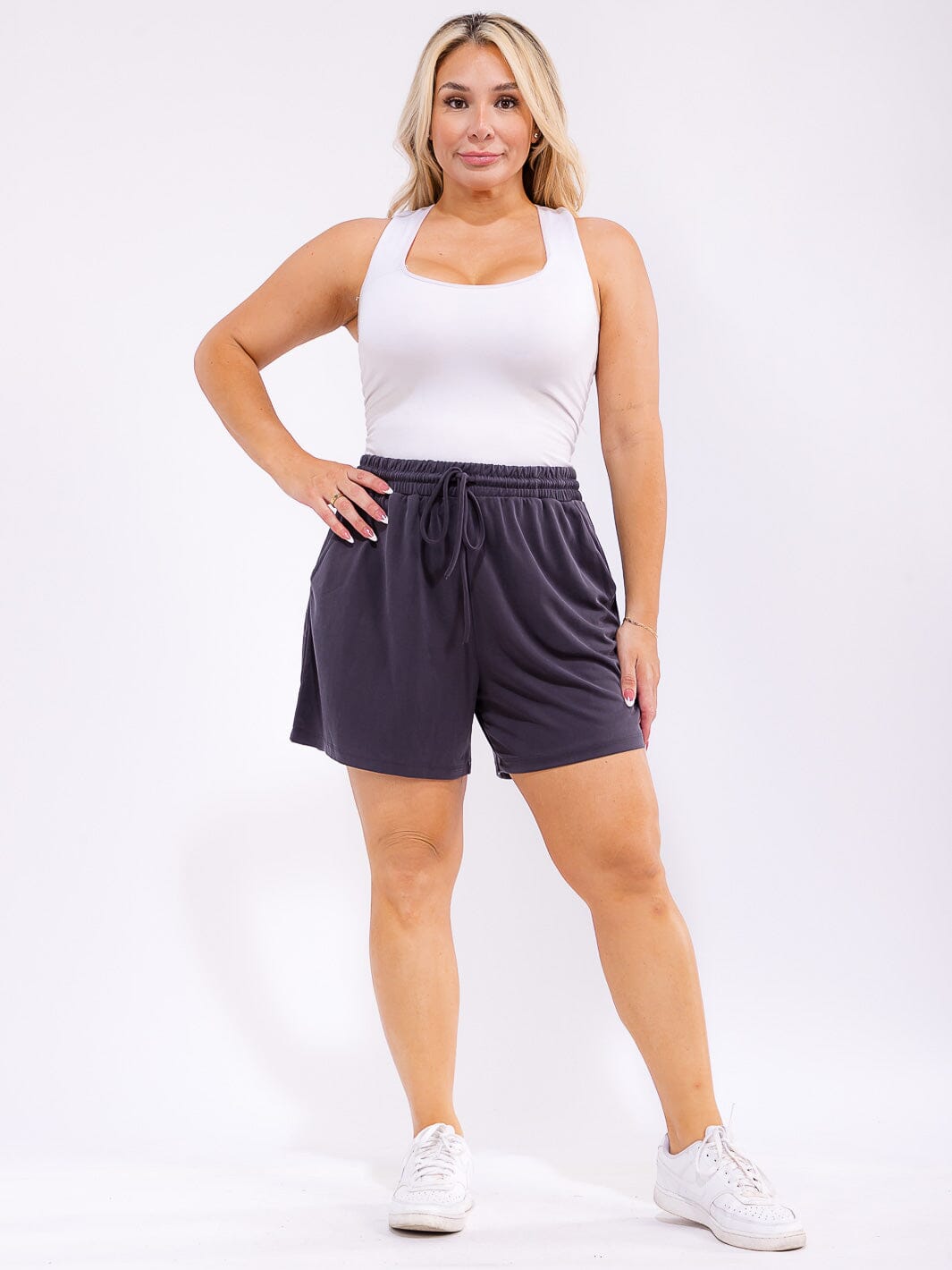PLUS SIZE ELASTIC WIST SELF TIE POCKETS MINI SHORTS
