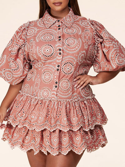 PLUS SIZE SHORT PUFF SLEEVE RUFFLE EYELET MINI DRESS