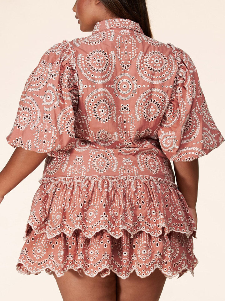 PLUS SIZE SHORT PUFF SLEEVE RUFFLE EYELET MINI DRESS