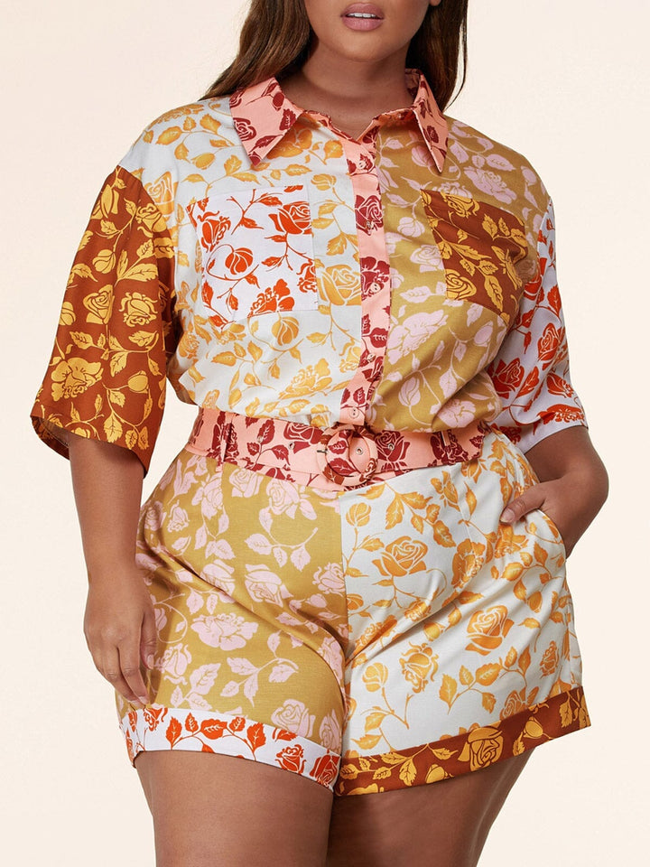 PLUS SIZE SHORT SLEEVE 2PC. TOP & SHORTS BELTED SET