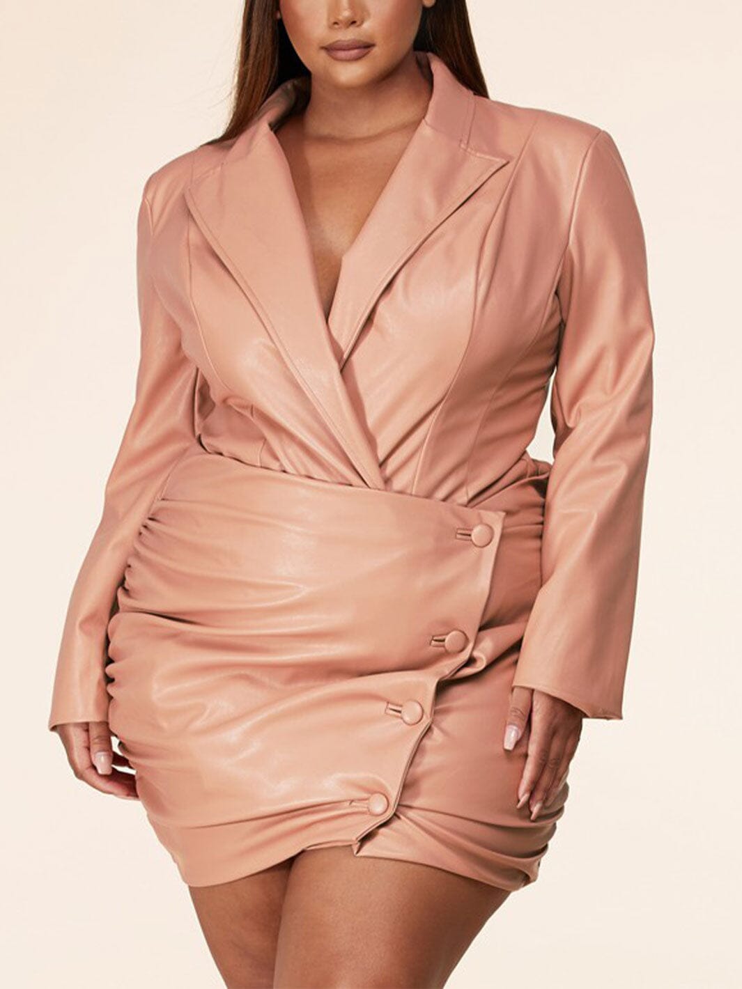 PLUS SIZE 2PC. PU PLEATHER JACKET BODYSUIT AND BUTTOM UP MINI SKIRT SET