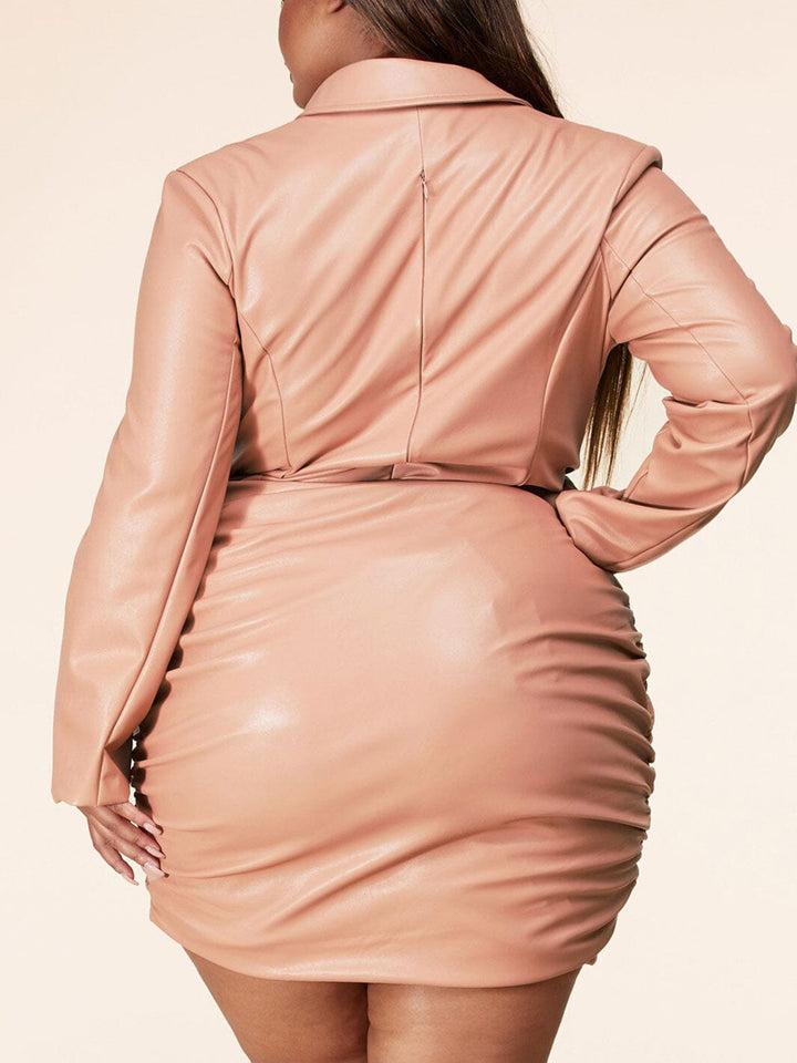 PLUS SIZE 2PC. PU PLEATHER JACKET BODYSUIT AND BUTTOM UP MINI SKIRT SET