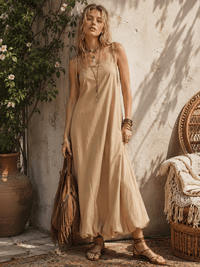 WOMEN'S SLEEVELESS POCKETS OPEN BACK BUBBLE HEM MAXI DRESS