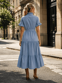 WOMEN'S SHORT SLEEVE BUTTON UP SELF TIE POCKETS TIERED MAXI DRESS