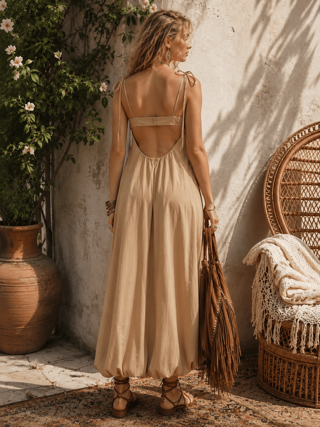 WOMEN'S SLEEVELESS POCKETS OPEN BACK BUBBLE HEM MAXI DRESS