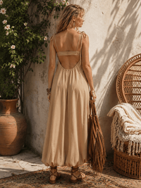 WOMEN'S SLEEVELESS POCKETS OPEN BACK BUBBLE HEM MAXI DRESS