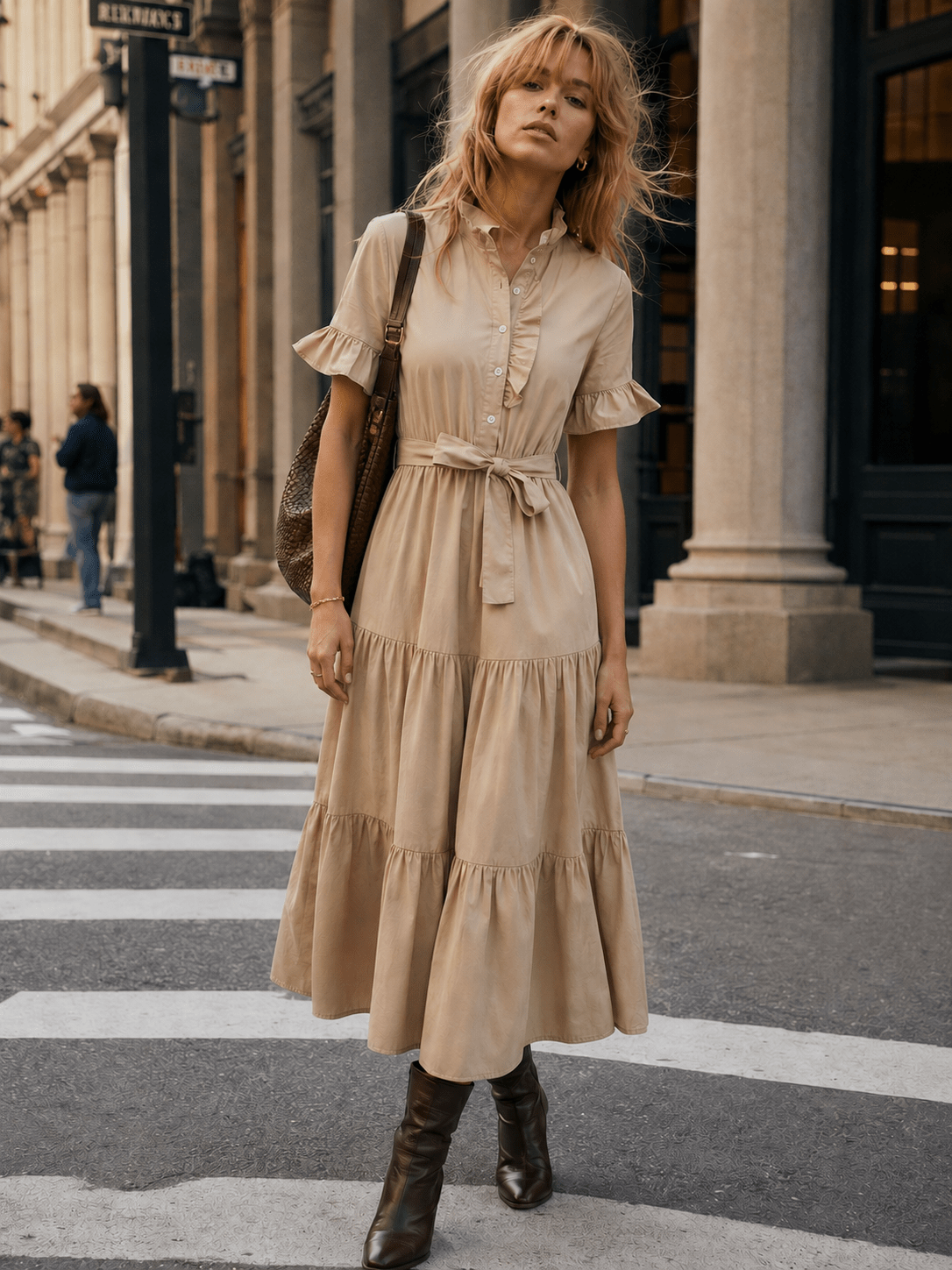 WOMEN'S SHORT SLEEVE BUTTON UP SELF TIE POCKETS TIERED MAXI DRESS