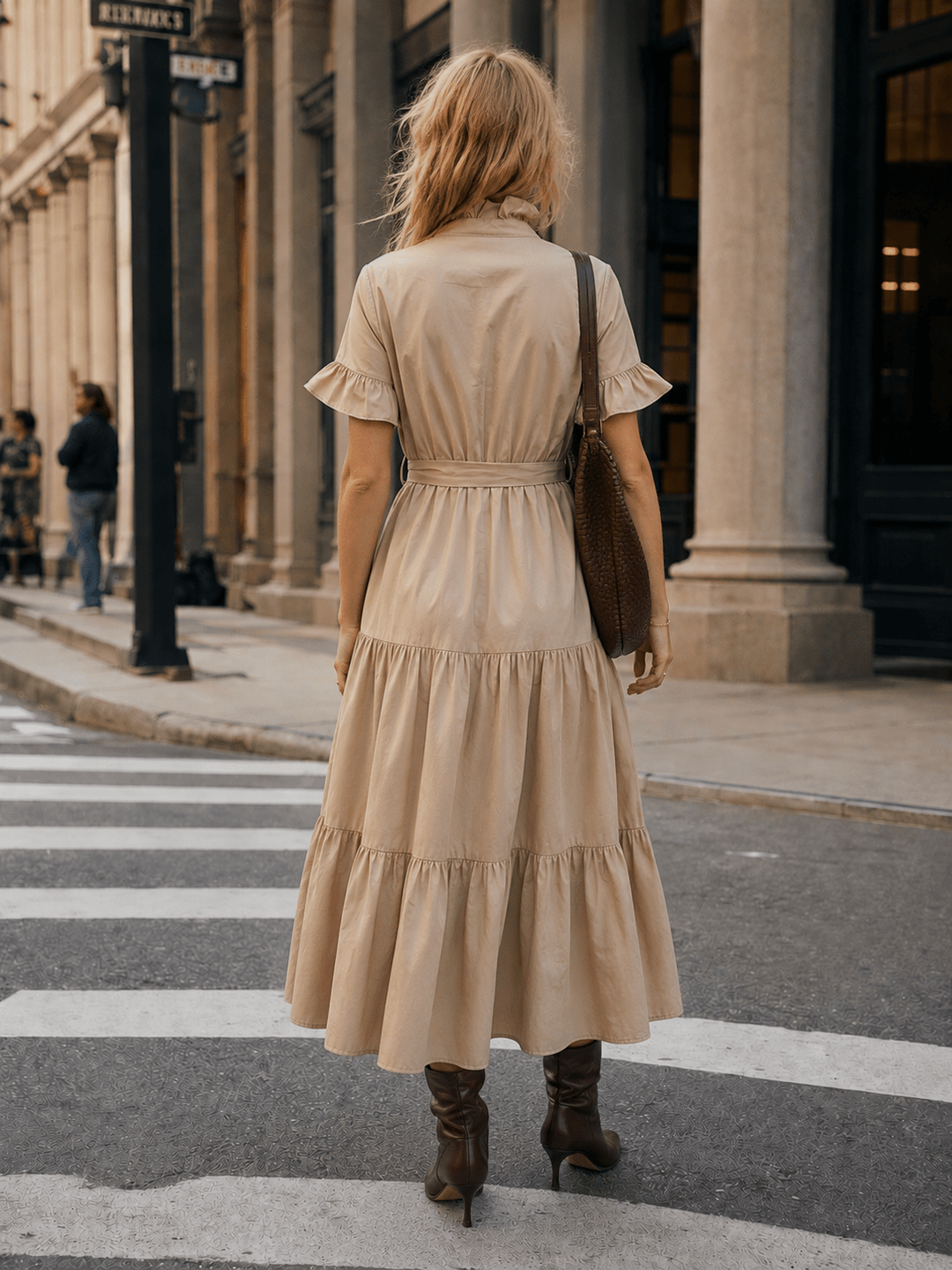 WOMEN'S SHORT SLEEVE BUTTON UP SELF TIE POCKETS TIERED MAXI DRESS