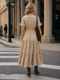 WOMEN'S SHORT SLEEVE BUTTON UP SELF TIE POCKETS TIERED MAXI DRESS