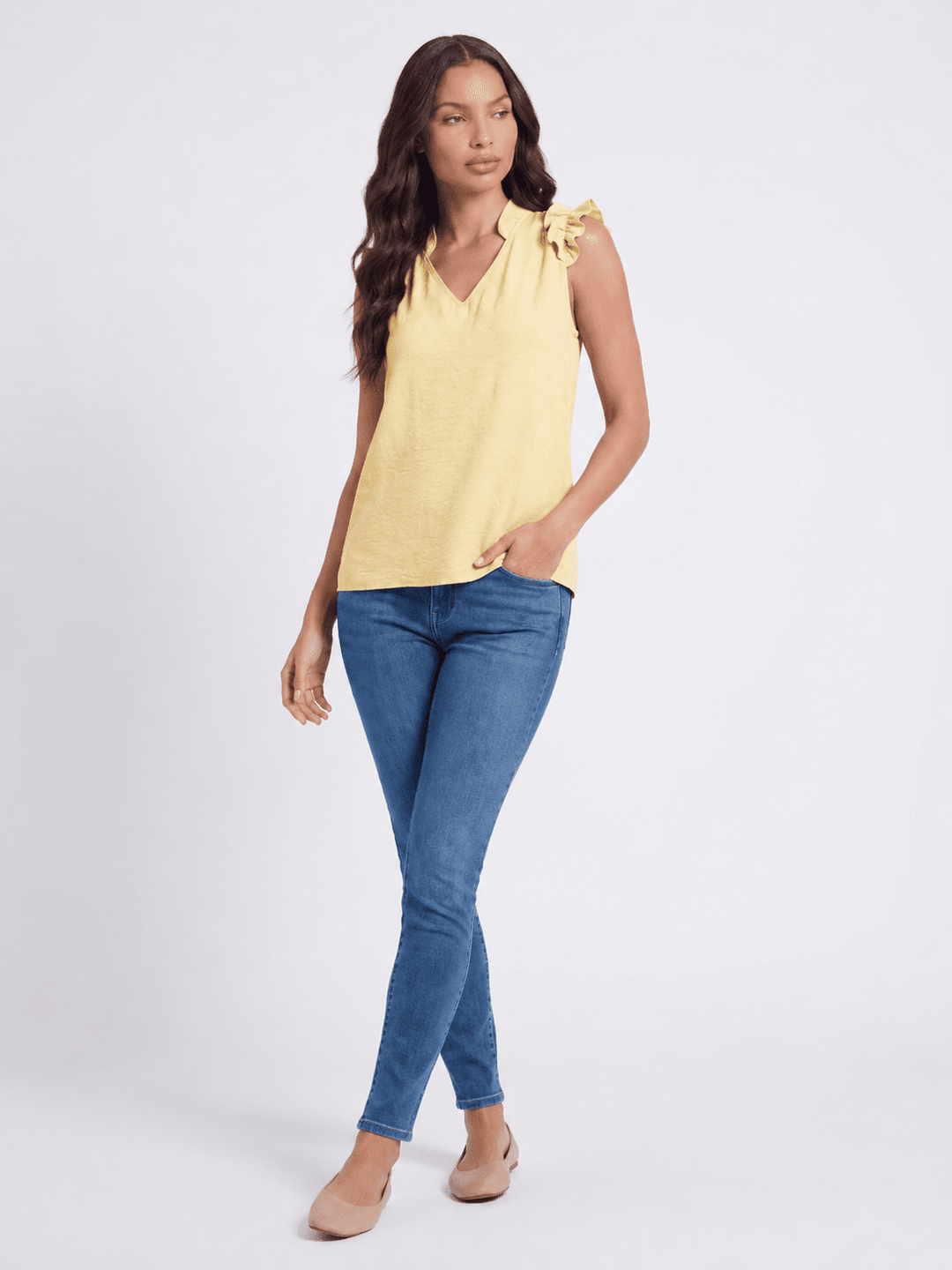 WOMEN'S RUFFLE SLEEVE V-NECK BLOUSE