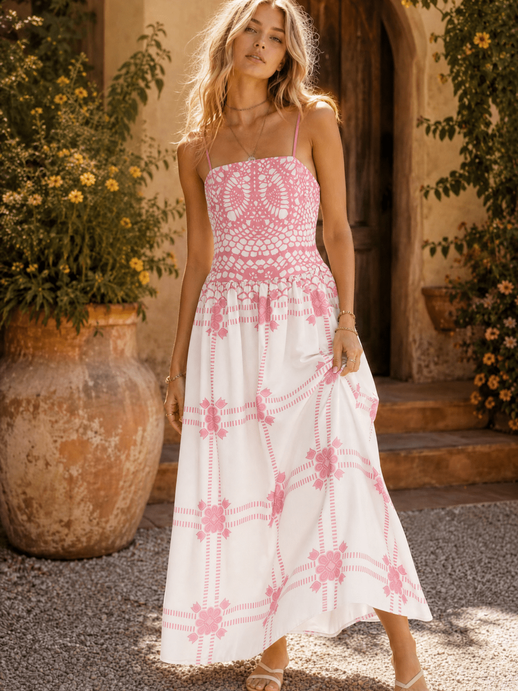 WOMEN'S SLEEVELESS SQUARE NECK MULTI PRINT MAXI DRESS