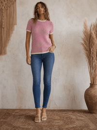 WOMEN'S SHORT SLEEVE COLORBLOCK STRIPES KNIT TOP