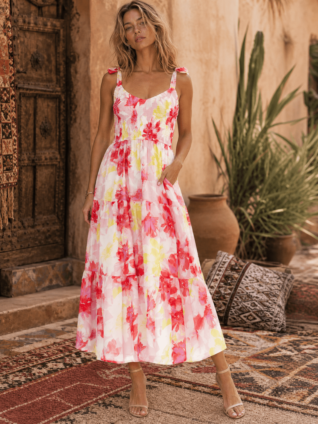 smock tiered maxi dress Bxsruta Women's Casual V Neck Short Sleeve Loose Fit Flowy Midi Dress Pull on Comfortable Breathable Everyday Spring Summer Step into elegance with our Sleeveless V Cream Dress - Smocked Dress