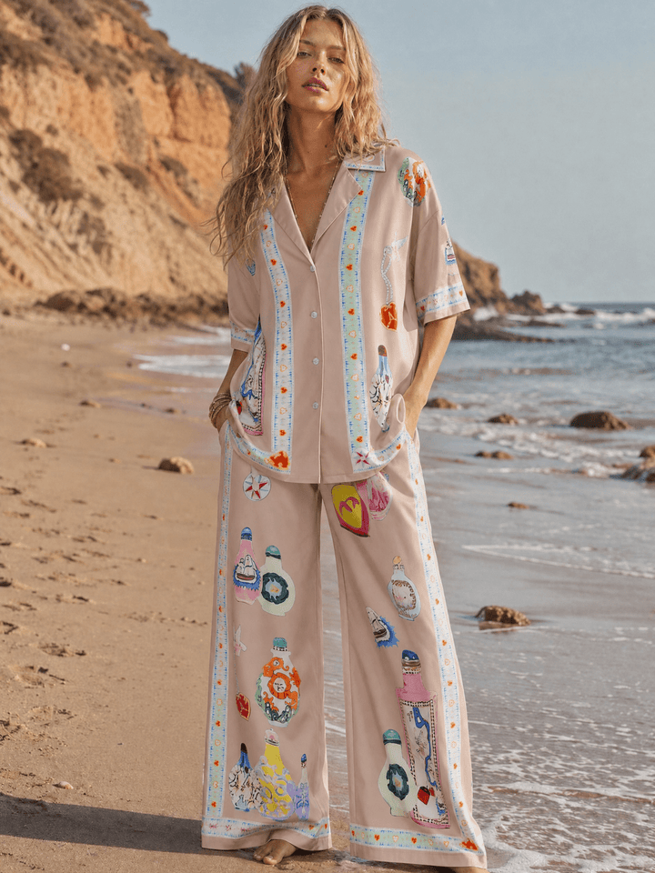 WOMEN'S SHORT SLEEVE BLOUSE & ELASTIC WAIST WIDE LEG PANTS MULTI PRINT 2PC. SET