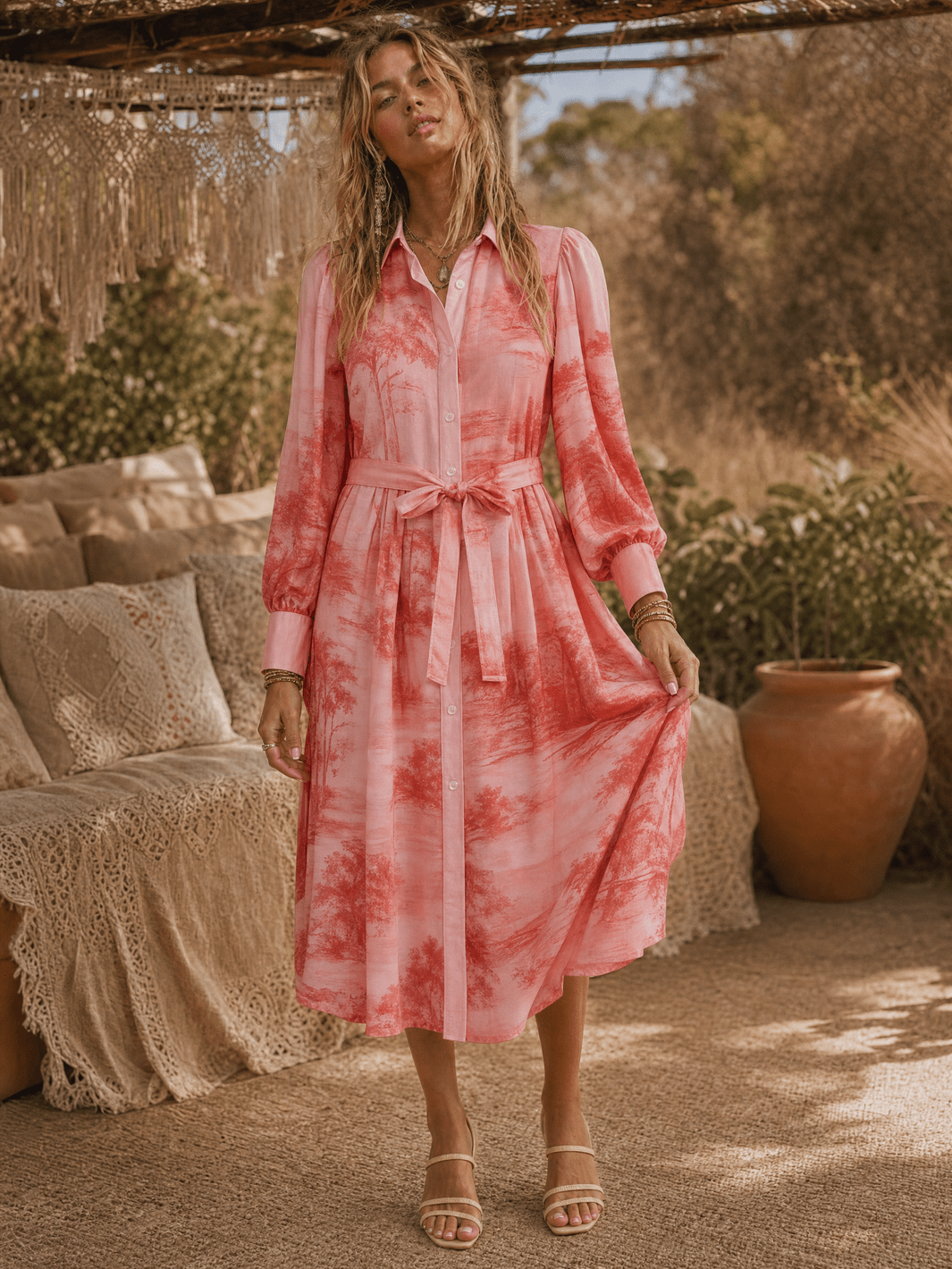WOMEN'S LONG SLEEVE SELF TIE BUTTON UP MULTI PRINT TIE DYE MIDI DRESS