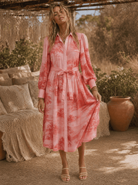 WOMEN'S LONG SLEEVE SELF TIE BUTTON UP MULTI PRINT TIE DYE MIDI DRESS