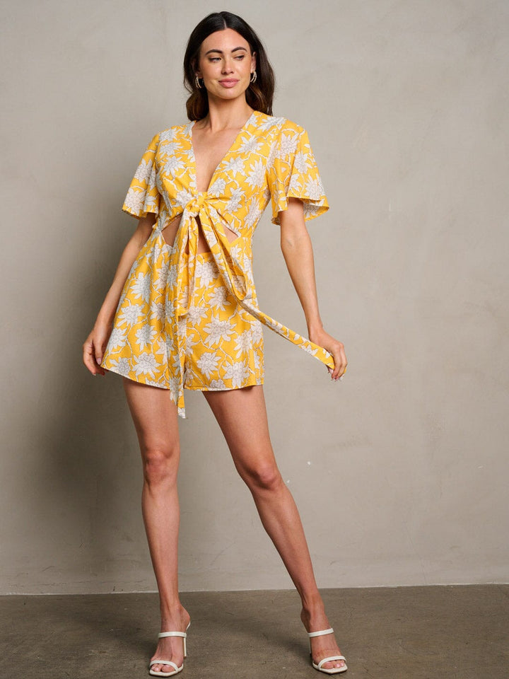 WOMEN'S SHORT SLEEVE V-NECK CUT OUT FLORAL ROMPER