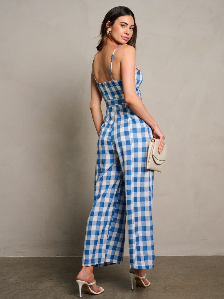 WOMEN'S SLEEVELESS POCKETS SELF TIE WIDE LEG PLAID JUMPSUIT