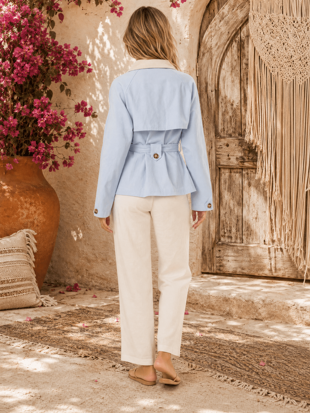WOMEN'S LONG SLEEVE BUTTON FRONT POCKETS SELF TIE DENIM JACKET