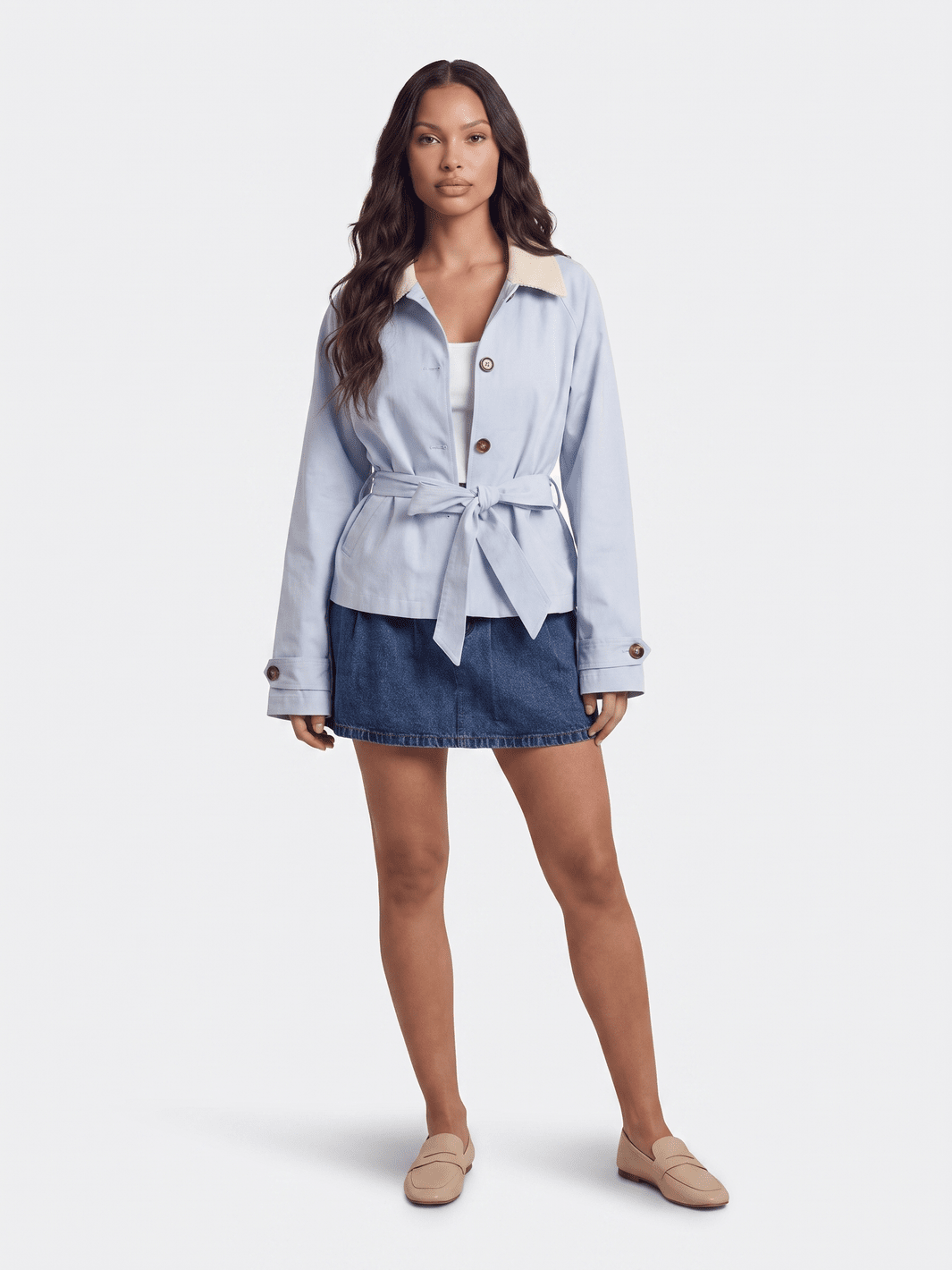 WOMEN'S LONG SLEEVE BUTTON FRONT POCKETS SELF TIE DENIM JACKET