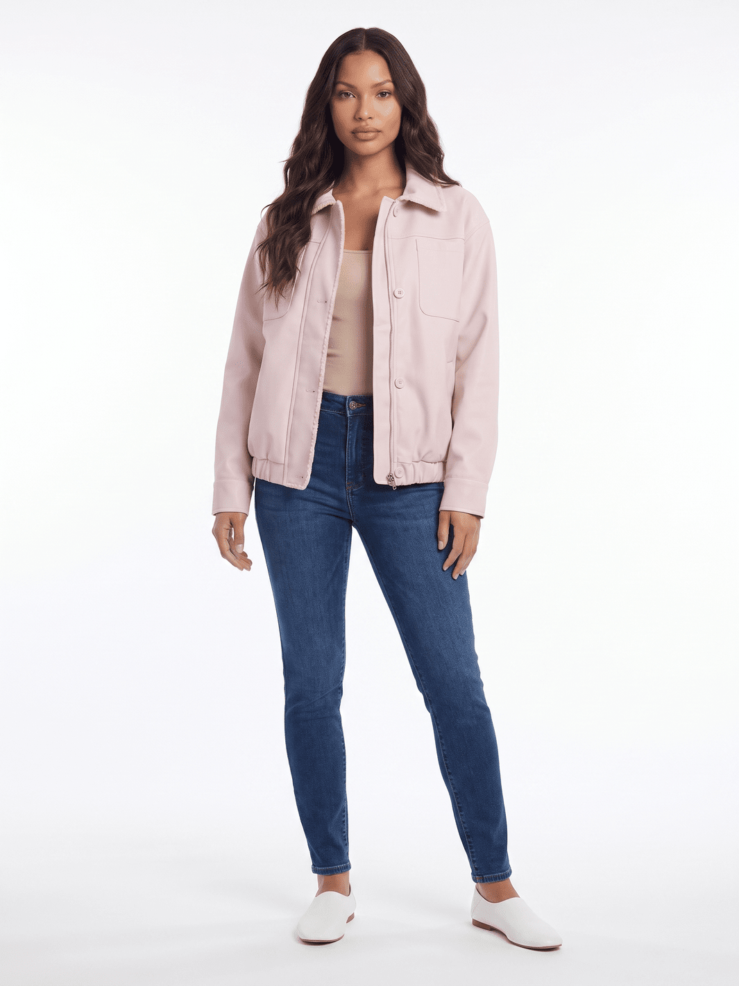 WOMEN'S LONG SLEEVE BUTTON & ZIPPER CLOSURE FRONT POCKETS PU PLEATHER JACKET