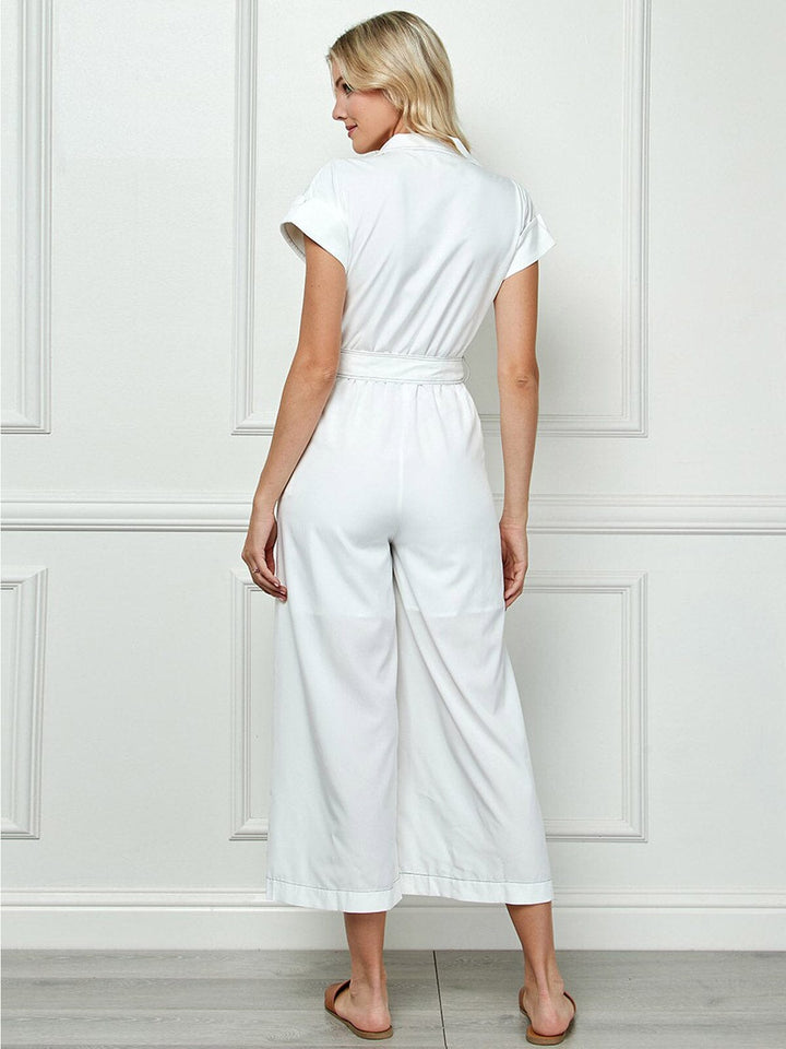 WOMEN'S SHORT SLEEVE V-NECK BUTTON UP POCKETS WIDE LEG JUMPSUIT