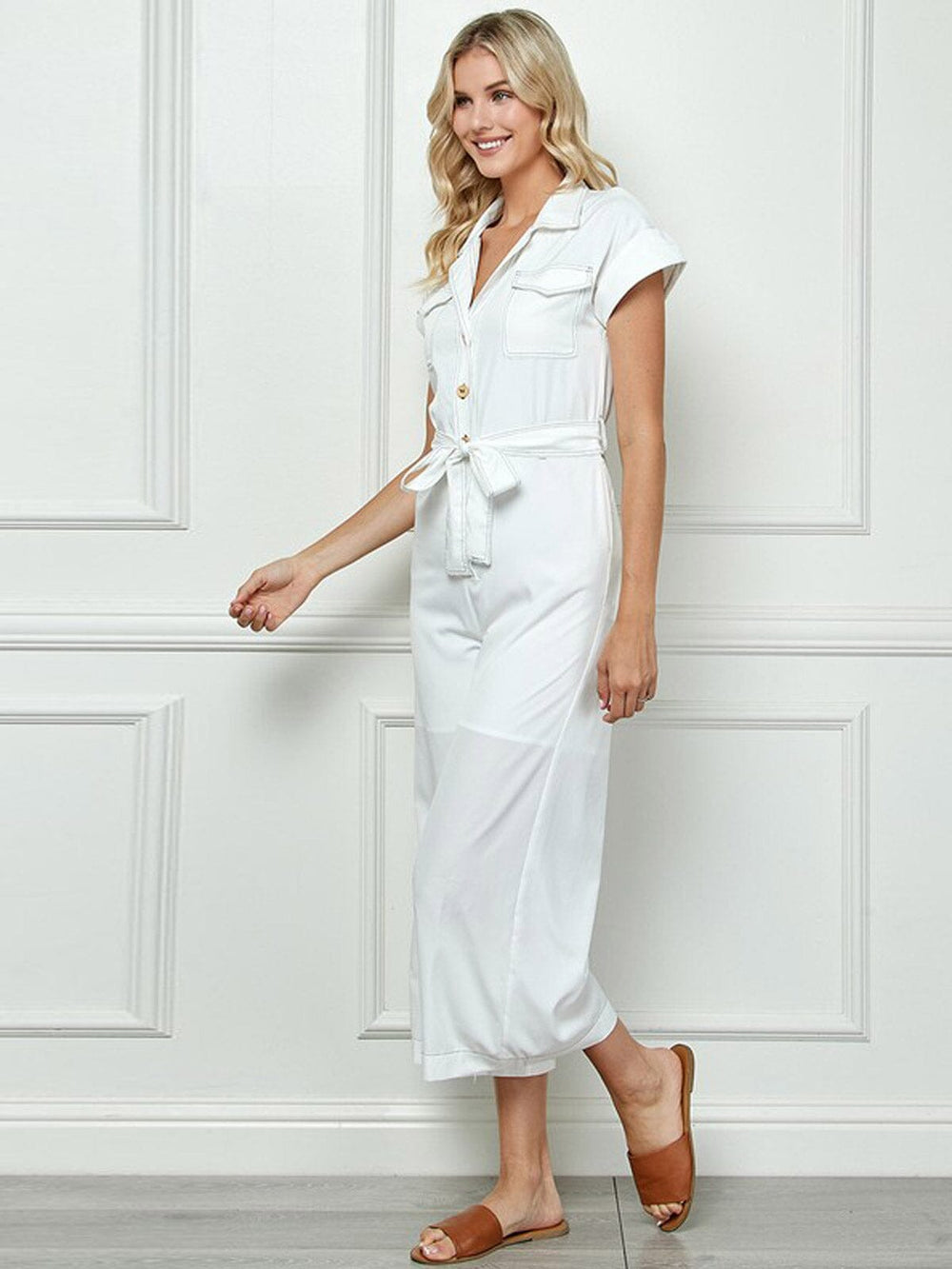 WOMEN'S SHORT SLEEVE V-NECK BUTTON UP POCKETS WIDE LEG JUMPSUIT