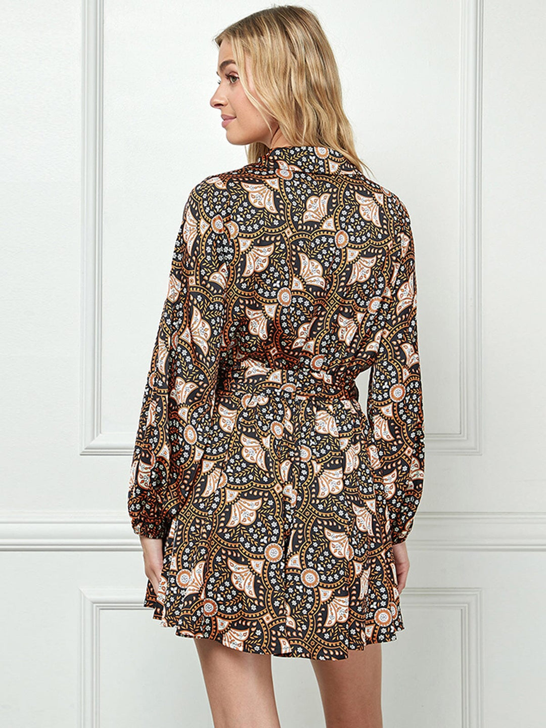 WOMEN'S LONG SLEEVE V-NECK SELF TIE PRINTED ROMPER