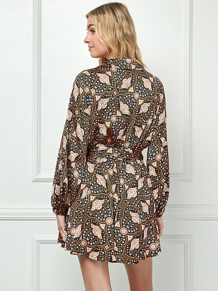 WOMEN'S LONG SLEEVE V-NECK SELF TIE PRINTED ROMPER